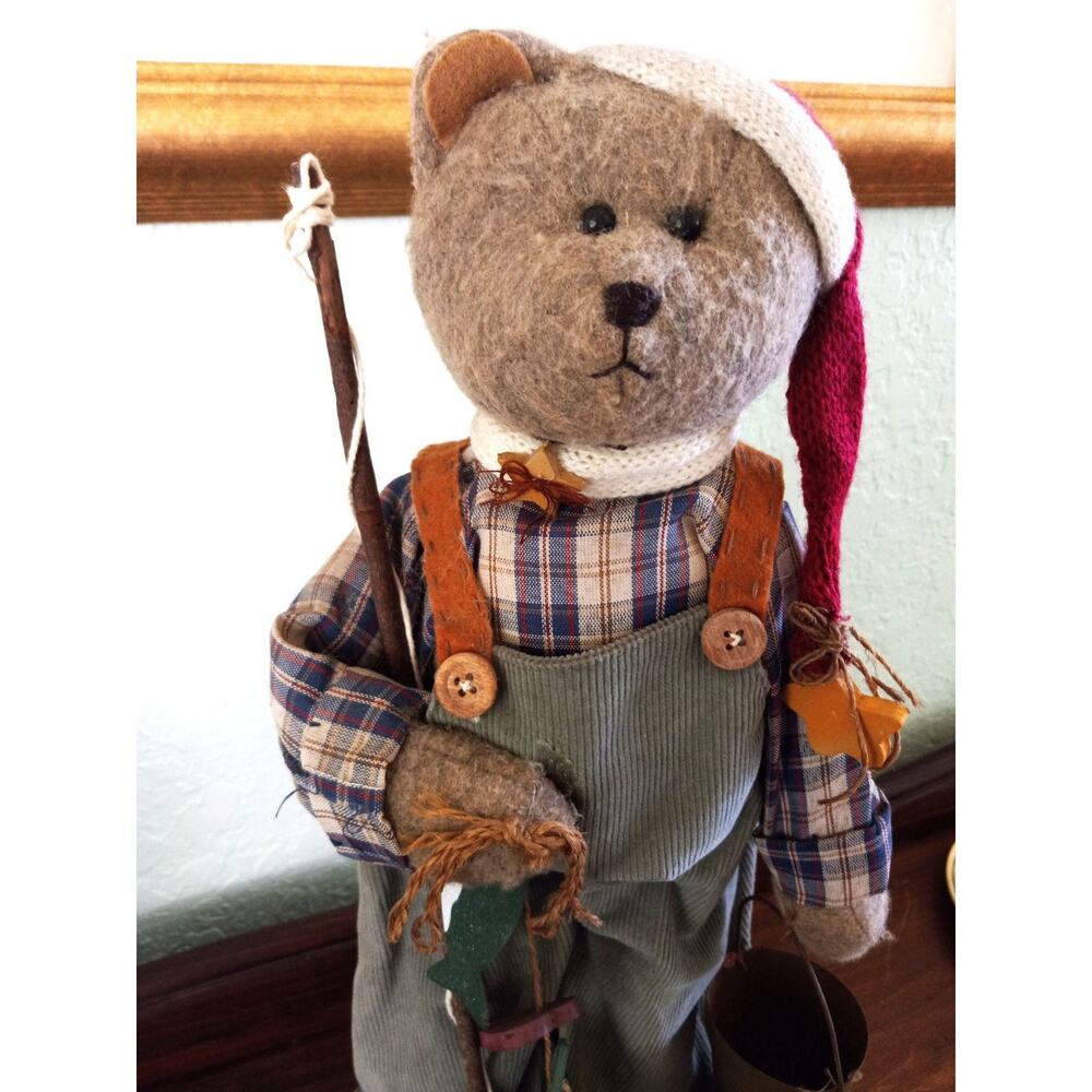 Vintage Stuffed Trevco Felted Fishing Bear w/ Fishing Pole and Bait Bucket Plush